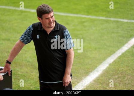 Mansfield Town Manager Nigel Clough vor dem Sky Bet League 2 Spiel im JobServe Community Stadium, Colchester. Foto: Montag, 8. Mai 2023. Stockfoto