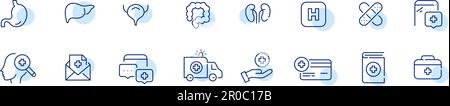 Medizinische Behandlung. Innere Organe, Check-up, Krankenwagen und Krankenhausdienste. Pixelgenaue, bearbeitbare Kontursymbole Stock Vektor