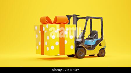 Symbolisches Bild für Transport und Fracht mit Gabelstapler und Geschenkbox, 3D-Rendering Stockfoto