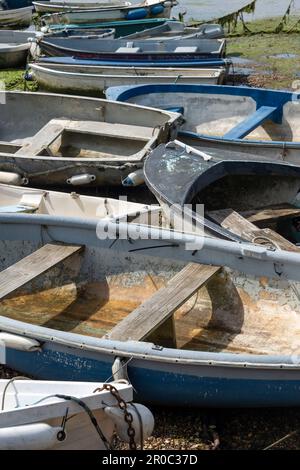 Mehrere kleine Ruderboote, die an der Küste gefesselt sind Stockfoto