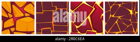 Cartoon-Hintergründe aus flüssiger Lava mit Steinen oder heißem orangefarbenem Magma in gemahlenen Rissen für das Spiel. Vektornahtlose Muster eines Vulkanausbruchs, zerbrochenes Gestein mit Glühplasma im Inneren. Stock Vektor