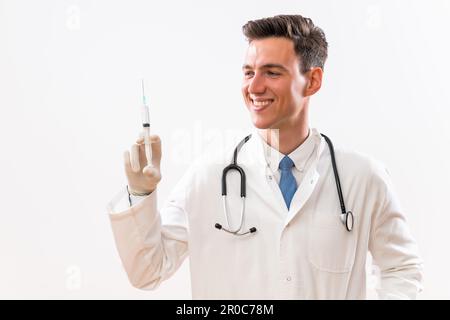 Bild eines Arztes, der die Injektion hält. Stockfoto