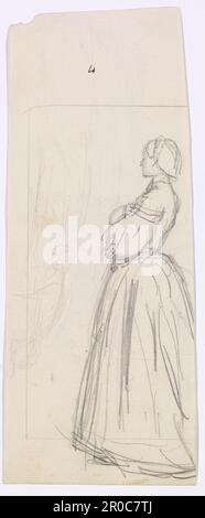 [Recto - Front] (Rekto - Vorderseite). Christina Rossettis Maude Clare - Figurenzeichnung, 1859. Künstler: John Everett Millais. Die Figur einer stehenden Frau, nach links gerichtet, Arme zusammengeklappt. Schwacher Umriss der Vorhänge auf der linken Seite Verso: Figur einer Frau im Rückwärtsgang, mit Händen, die den Rock heben, anstatt die Arme zu schließen. Zeichnung einer Hand über ihr. Stockfoto