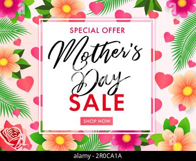 Schriftzug zum Muttertag mit wunderschönen Blumen, Herzen und Blättern. Vector-Werbebanner oder Posterkonzept für Sonderangebot Happy Mother's Day Stock Vektor