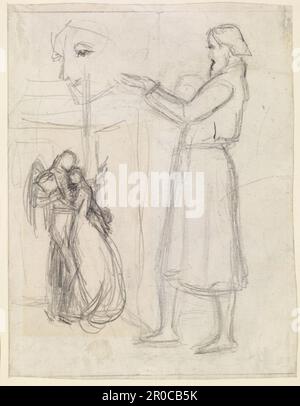 [Verso - Reverse] (Verso - Umkehren). Der Schwarze Brunswicker - Abbildungsskizze, 1859-60. Künstler: John Everett Millais. Von Der Preraphaelites.org: Diese Skizze bezieht sich auf die Zeichnung und das Ölgemälde in der Lady Lever Art Gallery, Port Sunlight und eine Zeichnung in Tate Britain. Die Szene zeigt ein englisches Mädchen, das sich am Vorabend der Schlacht von Waterloo 1815 von einem deutschen Soldatenliebchen verabschiedet. Das Mädchen wurde von Charles Dickens' Tochter Kate modelliert, und der Soldat von einem Soldaten in den Rettungsschwimmern. Stockfoto