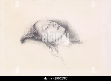 Ophelia - Kopfstudie 1852. John Everett Millais. Von der Website Pre-Raphaelites.org: „Millais bat Elizabeth Siddal Ende 1851, für sein Gemälde „Ophelia“ (Tate Gallery, London) zu posieren, aber sie konnte bis Januar 1852 nicht in sein Studio kommen. Dort, um die ertrinkende Heldin des „Hamlet“ zu simulieren, lag sie bekanntermaßen in einem Wasserbad, das von darunter angebrachten Lampen erwärmt wurde.“ Stockfoto