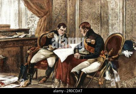 Napoleon Bonaparte (1769-1821) et le Tsar Alexandre Ier Impereur de Russie (1801-1825) negociant un traite d'alliance a Tilsit (Tilsitt), 1807. Gravure coloriee du 19eme siecle. Stockfoto