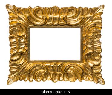 Verzierter horizontaler goldener Bilderrahmen, isoliert auf weißem Hintergrund Stockfoto