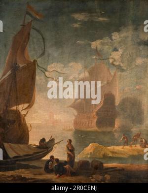 Hafenszene mit man-of-war und Figuren an Einem Kai, 1825. Schule von Claude Joseph Vernet Stockfoto