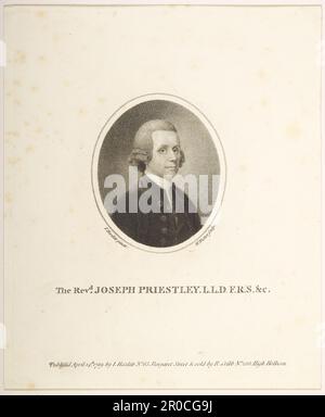 Das Porträt von Joseph Priestley, 1789. Graviererin: W Nutter. Danach: John Hazlitt. Herausgeber: John Hazlitt. Joseph Priestley (1733-1804) war ein Geistlicher, politischer Theoretiker und Physiker, dessen Arbeit zu Fortschritten im liberalen politischen und religiösen Denken und in der experimentellen Chemie beitrug. Man erinnert sich am besten an ihn für seinen Beitrag zur Chemie der Gase. . Stockfoto