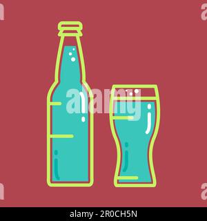 Cocktail, kaltes Bier oder Säftflasche mit Glas. Alkoholbanner mit Becher und Getränk. Retro-Getränkeschild. Klassisches Bar-Poster. Vektor Stock Vektor