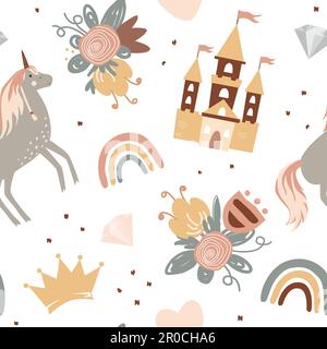 Prinzessin mit nahtlosem Muster im skandinavischen Stil. Schloss, Regenbogen, Blumen und Diamanten. Vector Boho Hintergrund, niedliches Textildesign für Kinder. Stock Vektor