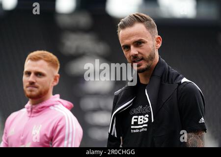 James Maddison von Leicester City (rechts) vor dem Spiel der Premier League in Craven Cottage, London. Foto: Montag, 8. Mai 2023. Stockfoto