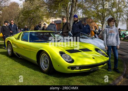 1968 Lamborghini Miura, ausgestellt beim April Scramble, der am 23. April 2023 im Bicester Heritage Center stattfindet. Stockfoto