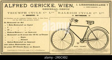 Europa, Österreich, Wien, Fahrradwerbung der Firma ' Alfred Gericke, Wien, General-Dépót, für Fahrräder der Marke ' Triumph Cycle Co. Ltd ' Und ' Raleigh Cycle Co. Ltd " . Werbung aus der Zeitung ' ASZ ' ( Allgemeine Sportzeitung ), 1. Januar 1893. Rechte werden nicht vertreten . / Europa, Österreich, Wien, Werbung für Fahrräder der Firma ' Alfred Gericke, Wien, General-Dépot für Fahrräder der Unternehmen Triumph und Raleigh. Werbung aus der Zeitung "Allgemeine Sportzeitung", 1. 1. 1893 . Es gibt keine Rechte Stockfoto