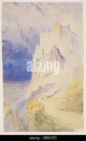 Burg Dumbarton. Künstler: John Ruskin. Von der PreRaphaelites.org: 1838 reiste Ruskin mit seinen Eltern durch Schottland. Die Verwendung von kräftigem Blau und Gelb in diesem Werk spiegelt den Einfluss von David Cox auf den jungen Ruskin wider. Der von E. T. Cook und A. Wedderburn erstellte Zeichnungskatalog geht auf den 30. Juli 1838 zurück (Werke von Ruskin, XXXVIII, Zeichnungskatalog, S. 248). Stockfoto