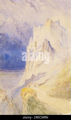 Burg Dumbarton, 1838. Künstler: John Ruskin. Von der PreRaphaelites.org: 1838 reiste Ruskin mit seinen Eltern durch Schottland. Die Verwendung von kräftigem Blau und Gelb in diesem Werk spiegelt den Einfluss von David Cox auf den jungen Ruskin wider. Der von E. T. Cook und A. Wedderburn erstellte Zeichnungskatalog geht auf den 30. Juli 1838 zurück (Werke von Ruskin, XXXVIII, Zeichnungskatalog, S. 248). Stockfoto