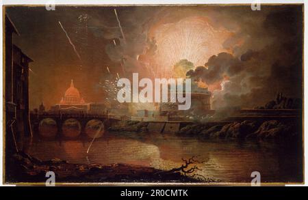 Feuerwerk im Castel Sant Angelo, 1774-1778. Blick auf Rom bei Nacht mit dem Petersdom und dem Vatikan im Hintergrund beleuchtet. Von Joseph Wright von Derby. Stockfoto