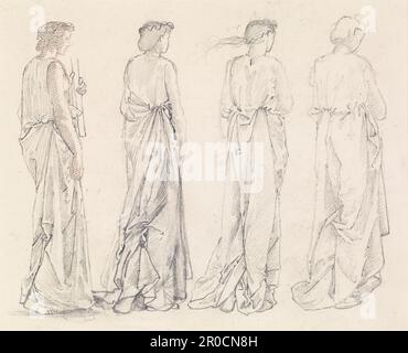 St. George Serie - vier Studien über weibliche Betreuerinnen für "die Prinzessin führte zum Drachen", 1865-1866. Sir Edward Burne-Jones. Vier weibliche Figuren in voller Länge, drei Viertel, in fließendem Kostüm. Stockfoto