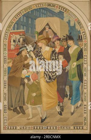 Design für Fresco „Corporation Street, Birmingham im März 1914“. Von Joseph Edward Southall. Zum Bild von Fresco in situ „Corporation Street, Joseph Edward Southall“ Stockfoto