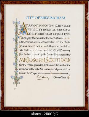 2004,0198. Dankeschön, 1916. Beleuchtete Dekoration: I E Harper. Das Zertifikat wurde Joseph Edward Southall von der Corporation of Birmingham als Dank für sein Fresko der Corporation Street am Eingang der City Art Gallery (jetzt BM&AG) übergeben... Sehen Sie auch das Aquarelldesign 1948P2 und „Corporation Street, Joseph Edward Southall“ (Fresko vor Ort abgebildet). Stockfoto