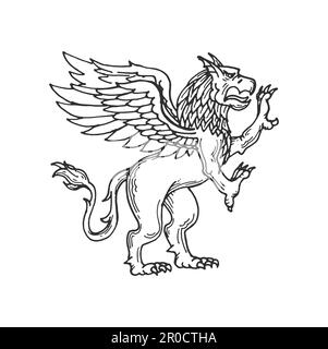 Heraldische mittelalterliche Tierskizze, Adlerlöwe oder Greifmonster, Vektorheraltrockensymbol. Heraldischer Löwe mit Adlerflügeln oder wilde Fantasie-Kreatur und Stock Vektor