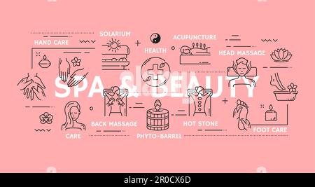 Spa-Hautpflegesymbol, Schönheits- und Gesundheitstherapie. Vector-Line-Gesichts- und Körpermassage, Haarpflege, Sauna und Aromatherapie-Kosmetik. Handtuch, Kerze und Flowe Stock Vektor