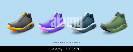 3D Darstellungs-Set Sportbekleidung Sneaker für Lauf und Workout in verschiedenen Farben, Sneaker Design isoliert Stock Vektor