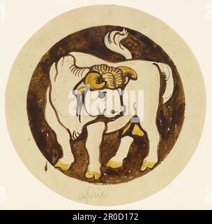 Die zwölf Zeichen des Zodiac - Taurus. Künstler: Philip Speakman Webb (d.1915). Die 12 Zeichen des Zodiac, Designs für Buntglas für ein rundes Tracery-Licht mit einem Bleistiftsymbol, das die Position jedes Designs in der Tracery zeigt. Stockfoto