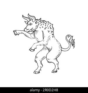 Minotaurer mittelalterlicher heraldischer Tierskizze. Mythische Kreatur, Fantasie minotaurus oder magisches Tier, mittelalterliches Wappen, Ätzvektorsymbol. Geschichte mit ihr Stock Vektor