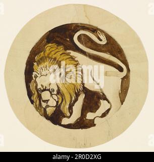 Die zwölf Zeichen des Zodiac - Leo. Künstler: Philip Speakman Webb (d.1915). Die 12 Zeichen des Zodiac, Designs für Buntglas für ein rundes Tracery-Licht mit einem Bleistiftsymbol, das die Position jedes Designs in der Tracery zeigt. Stockfoto