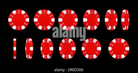 Casino Poker Chips animierte Rotation. Casino Roulette, Spielkarten- oder Würfelspiel 3D realistisches Vektorelement. Rotation der roten und weißen Spielmarken und f Stock Vektor