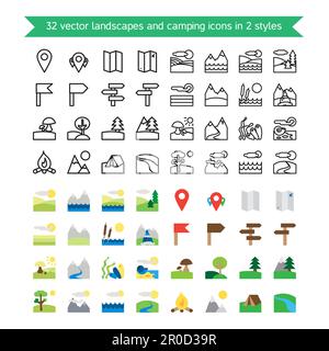 Landschaften und camping 32 Icons Set. Natur und Reisen Symbole. Ökologie und geologischen Zeichen. Vektor Stock Vektor