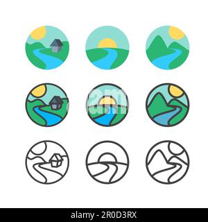 Ökologie-Logo und Öko-Haus-Schablonen-Set.  Landschaft-Symbol. Natur-Logo. Grüne Logo. Vektor Stock Vektor