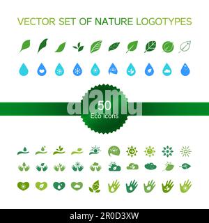 Satz von 50 Ökologie Icons, Natur-Logo, Biologie Symbole von Hand, Sonne und Schnee, Tropfen, Blätter und Herzen. Vektor Stock Vektor