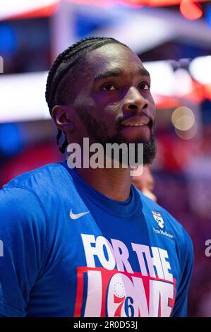 PHILADELPHIA, Pennsylvania - 7. MAI: Shake Milton #18 der 76ers Looks on Round 2 Game 4 der Eastern Conference Semi-Finals 2023 der NBA-Playoffs gegen die Boston Celtics am 7. Mai 2023 im Wells Fargo Center in Philadelphia, Pennsylvania. (Foto: Stephen Nadler/PxImages) Kredit: Px Images/Alamy Live News Stockfoto
