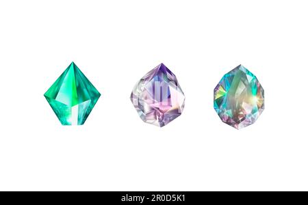 Glas glänzende Kristalle mit verschiedenen Farbschattierungen reflektierendes Licht eine Sammlung von Diamanten verschiedener geometrischer Formen, Farben und Größen. Vektor realistischer Satz aus leuchtendem Edelstein oder farbenfrohem Eis. Stock Vektor