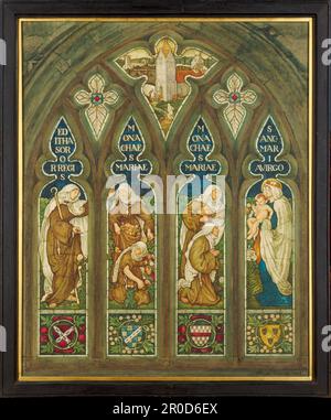 St. Editha und die Nonnen von St. Mary, 1908. Nach einem Design von Ford Madox Brown. Künstler: Thomas Matthews Rooke. St. Editha ist links und hält einen Stab. Vor ihr pflücken zwei Nonnen Rosen. Neben ihnen ist eine betende Nonne und eine andere, die eine Rose an einen kleinen Jesus überreicht. Die Jungfrau Maria steht rechts mit Jesus in ihren Armen. Thomas Rooke arbeitete von 1869 bis zum Tod von Burne-Jones im Jahr 1898 als Studioassistent von Burne-Jones. Stockfoto