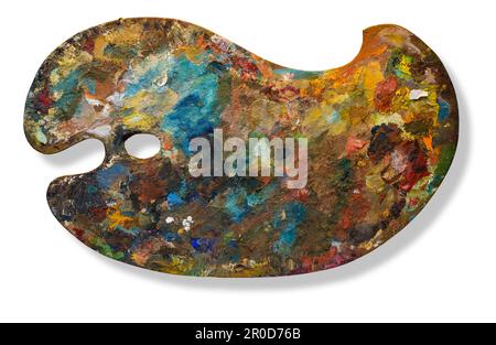 Farbenfrohe Malerpalette, isoliert auf weißem Hintergrund mit Schatten Stockfoto