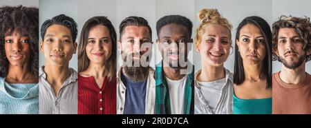Kollage von Porträts von Männern und Frauen einer ethnisch vielfältigen und gemischten Altersgruppe. Glückliche, unterschiedliche ethnische Zugehörigkeit, junge und mittlere Altersgruppe. Porträtfotos Stockfoto