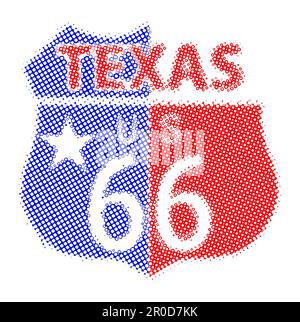 Straßenschilder der Route 66 auf weißem Hintergrund mit dem Staatsnamen Texas mit Flagge Stockfoto