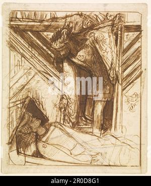 Sir Lancelot und die Lady von Shalott - Phantombild, 1856-7. Künstler: Dante Gabriel Rossetti. Eine Skizze für "The Lady of Shalott" in "Gedichte von Alfred Tennyson D.C.L", veröffentlicht von Edward Moxon, 1857, P75. Stockfoto