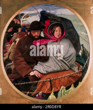 Das Letzte von England, 1852-1855. Künstler: Ford Madox Brown. Das ist ein Gemälde über Emigration, das Paar reist nach Australien. Das Subjekt selbst - die Abreise unter verzweifelten Umständen nach einem fremden Land - hat Parallelen zur biblischen Geschichte des Fluges nach Ägypten. Der Künstler selbst posierte für das Gemälde, zusammen mit seiner Partnerin Emma, und ihren Kindern Cathy, das blonde Mädchen im Hintergrund, und Oliver, das Baby. Stockfoto