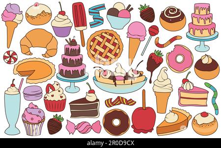 Sammlung von farbenfrohen Zeichentrickfilmen verschiedener Desserts und Leckereien. Isolierte, von Hand gezeichnete Vektoren. Stock Vektor