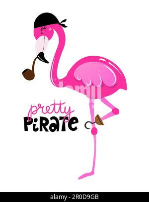 Hübscher Pirat - süßes Flamingo-Seemannsmuster, lustiger handgezeichneter Kritzkopf, Cartoon-Vogel. Gut geeignet für Plakat- oder T-Shirt-Textildesign. Vektor ha Stock Vektor