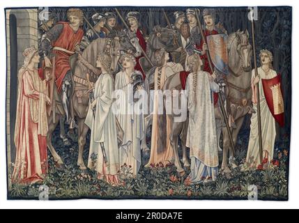 Suche nach den Tapisserien des Heiligen Grals - Panel 2 - die Bewaffnung und Abreise der Ritter, 1895-96. Designer: Sir Edward Burne-Jones. Designer: William Morris. Designer: John Henry Dearle. Hersteller: Morris & Co Das zweite Erzählfenster der Serie. Stockfoto