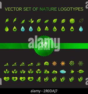 Satz von 50 Ökologie Icons, Natur-Logo, Biologie Symbole von Hand, Sonne und Schnee, Tropfen, Blätter und Herzen. Vektor Stock Vektor