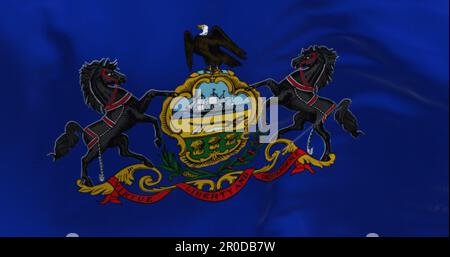 Nahaufnahme der Pennsylvania Staatsflagge, die winkt. Blaues Feld mit Staatswappen: Schild zwischen den Pferden, Adler oben. Rendern der 3D-Darstellung. Strukturiert Stockfoto