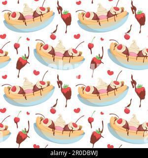 Farbenfrohe, sich wiederholende Muster auf dem Hintergrund von Bananensplitter-Dessert und mit Schokolade überzogenen Erdbeeren aus einfachen Vektorbildern. Stock Vektor