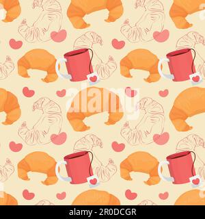 Farbenfrohe, sich wiederholende Muster auf dem Hintergrund von Croissant-Gebäck und Tassen mit Heißgetränken aus einfachen Vektorbildern. Stock Vektor